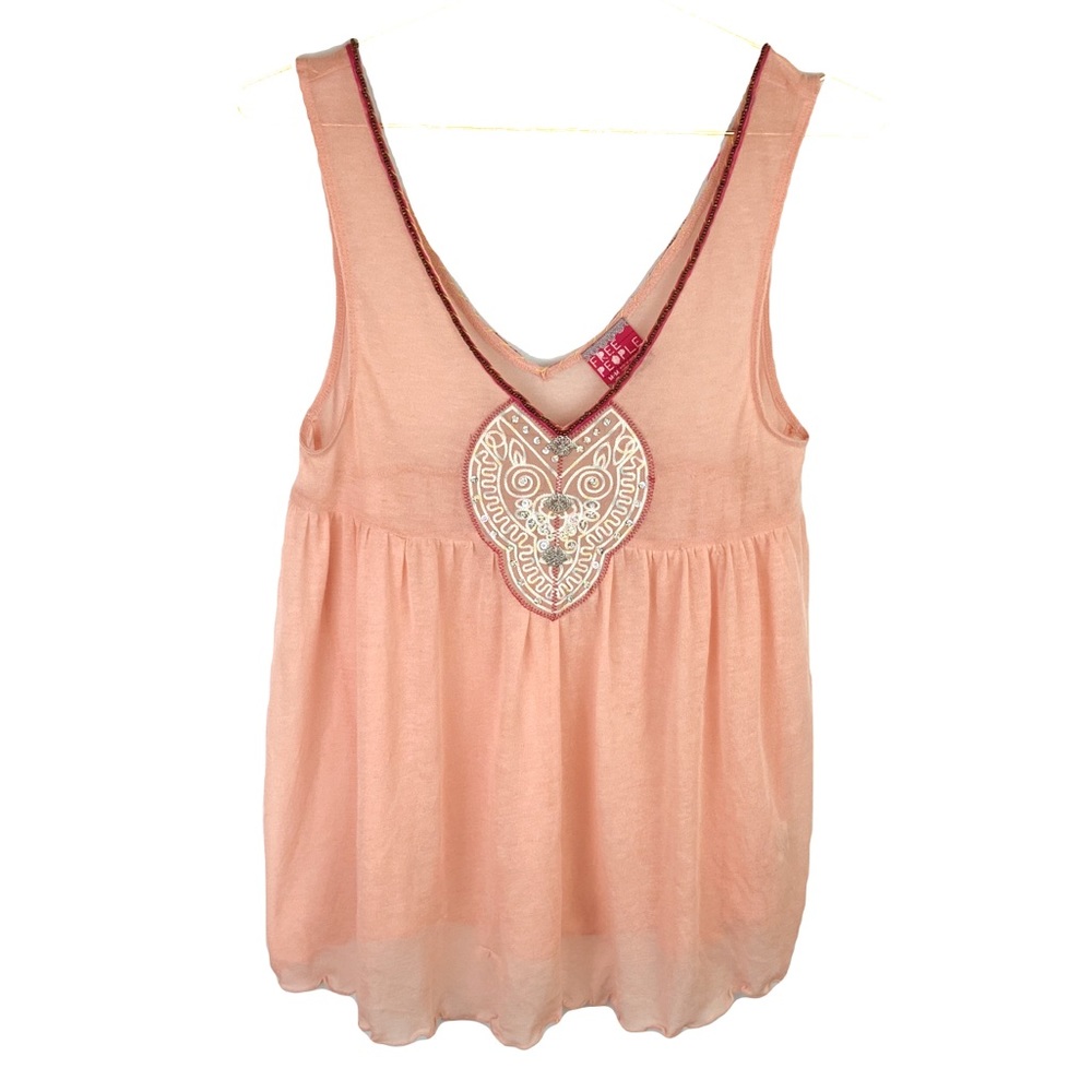FREE PEOPLE Embroidered Beaded Sheer Top Pink